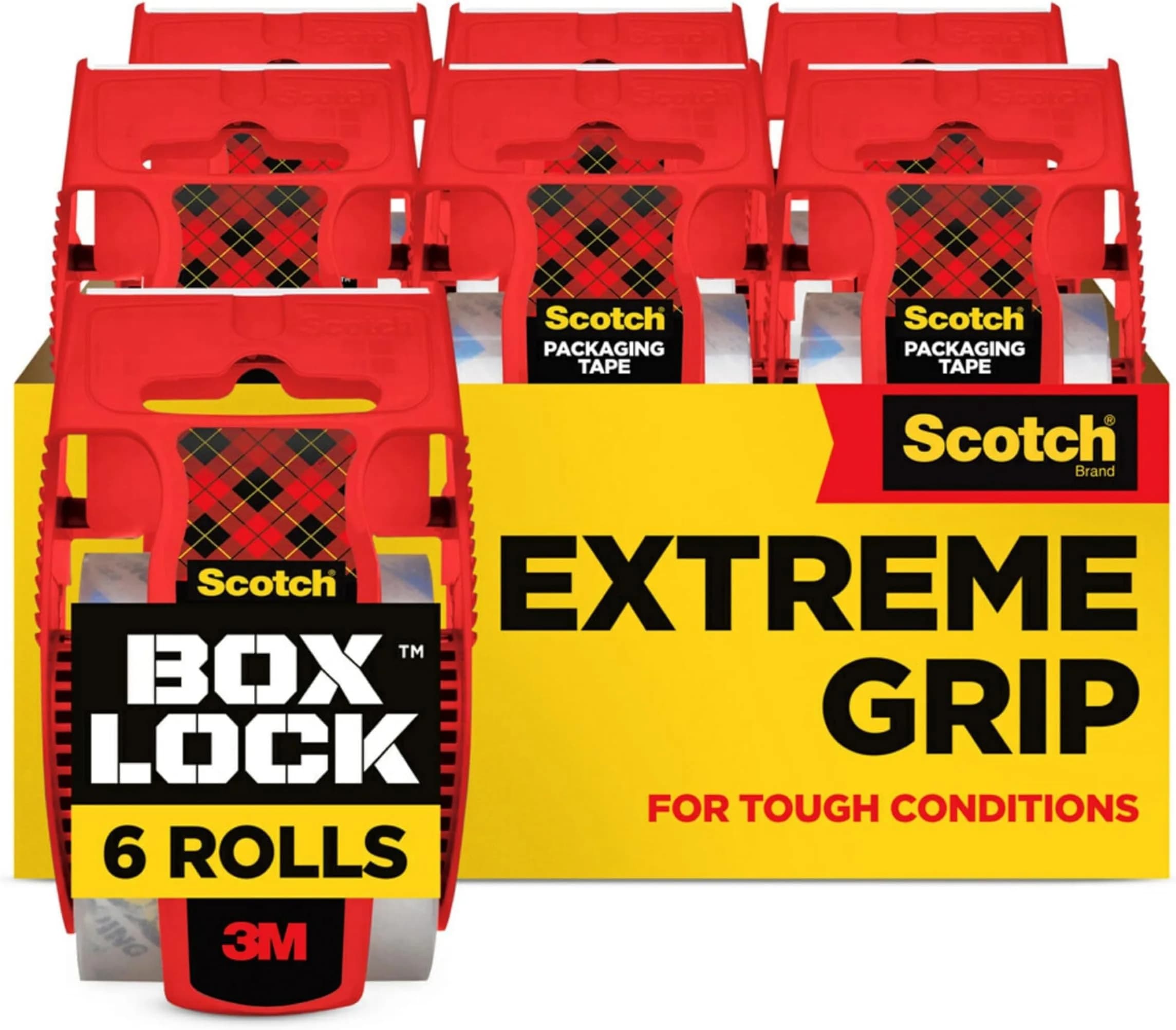 Scotch Box Lock Packing Tape Clear Extreme Grip 1.88 in. x 22.2 yd. | 6 Rolls with Dispensers - main product image