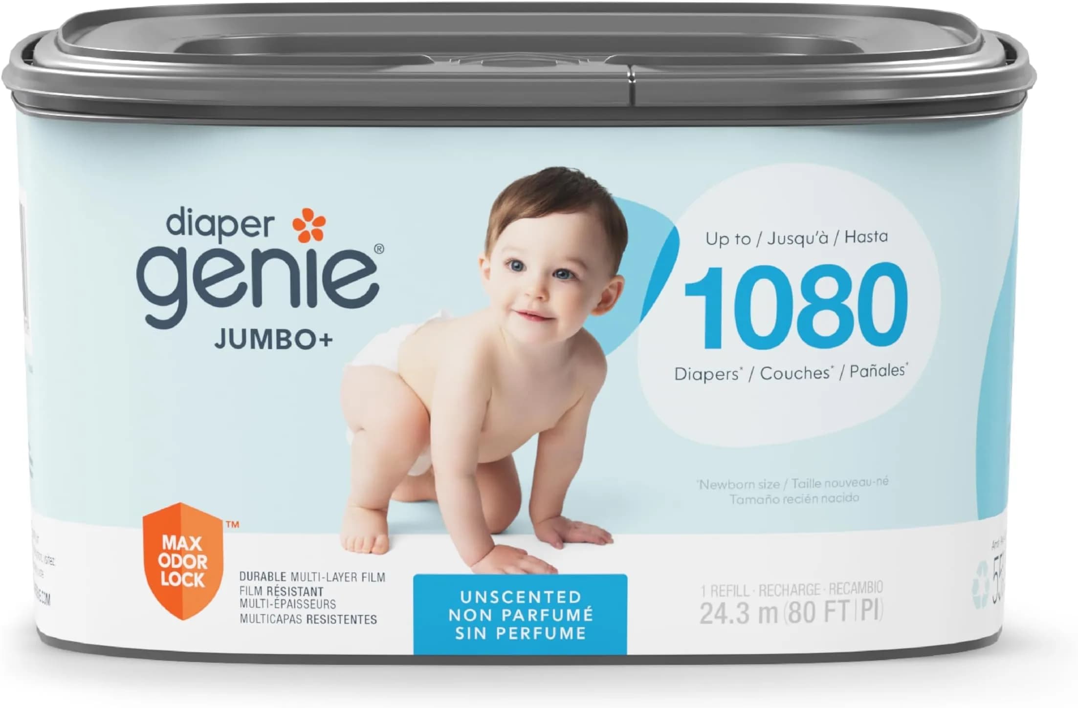 Diaper Genie Jumbo+ Square Refill 1080 Count | Odor Locking, Long-Lasting, Compatible with Diaper Genie Pails — Blue