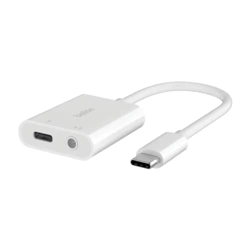 Belkin Rockstar™ 3.5mm Audio with USB-C Charge Adaptor Included, White (Pack of 6) | Dual Port USB-C Audio & Fast Charging thumbnail 1