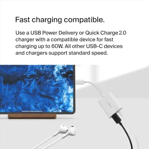 Belkin Rockstar™ 3.5mm Audio with USB-C Charge Adaptor Included, White (Pack of 6) | Dual Port USB-C Audio & Fast Charging thumbnail 3
