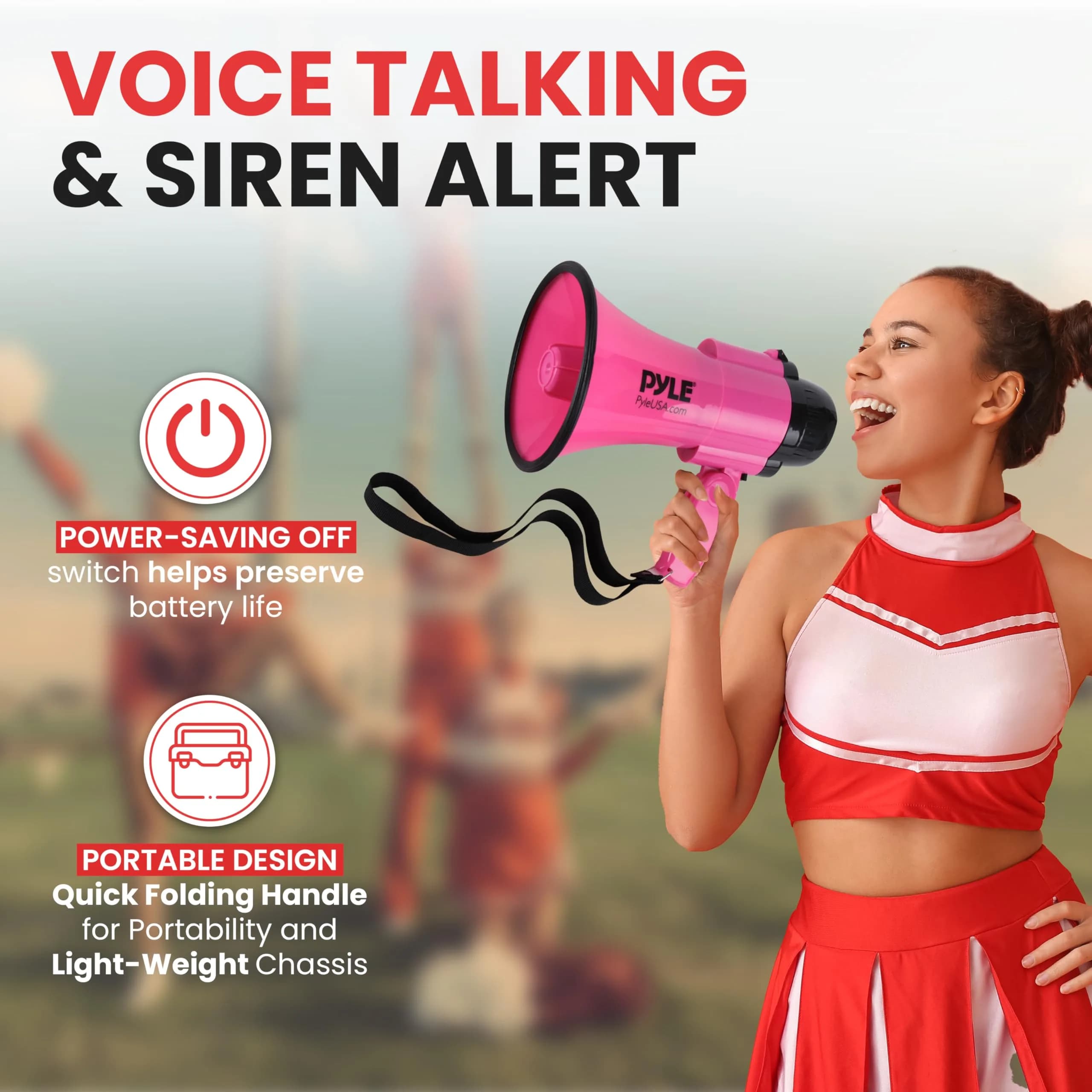 Pyle Pink 30W Compact Battery-Operated Megaphone with Siren - 1200 Yards Range, Foldable Handle - view 2