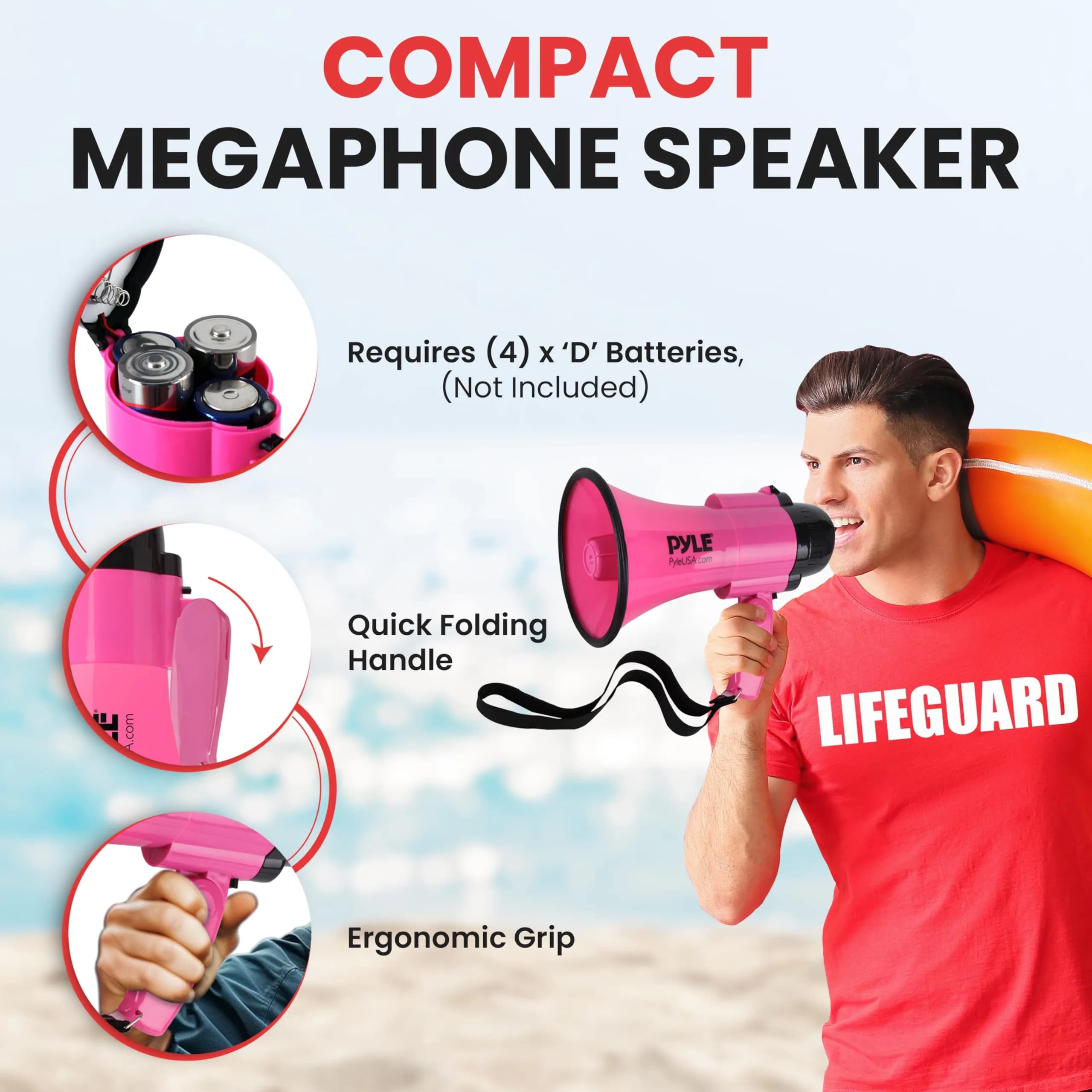 Pyle Pink 30W Compact Battery-Operated Megaphone with Siren - 1200 Yards Range, Foldable Handle - view 3