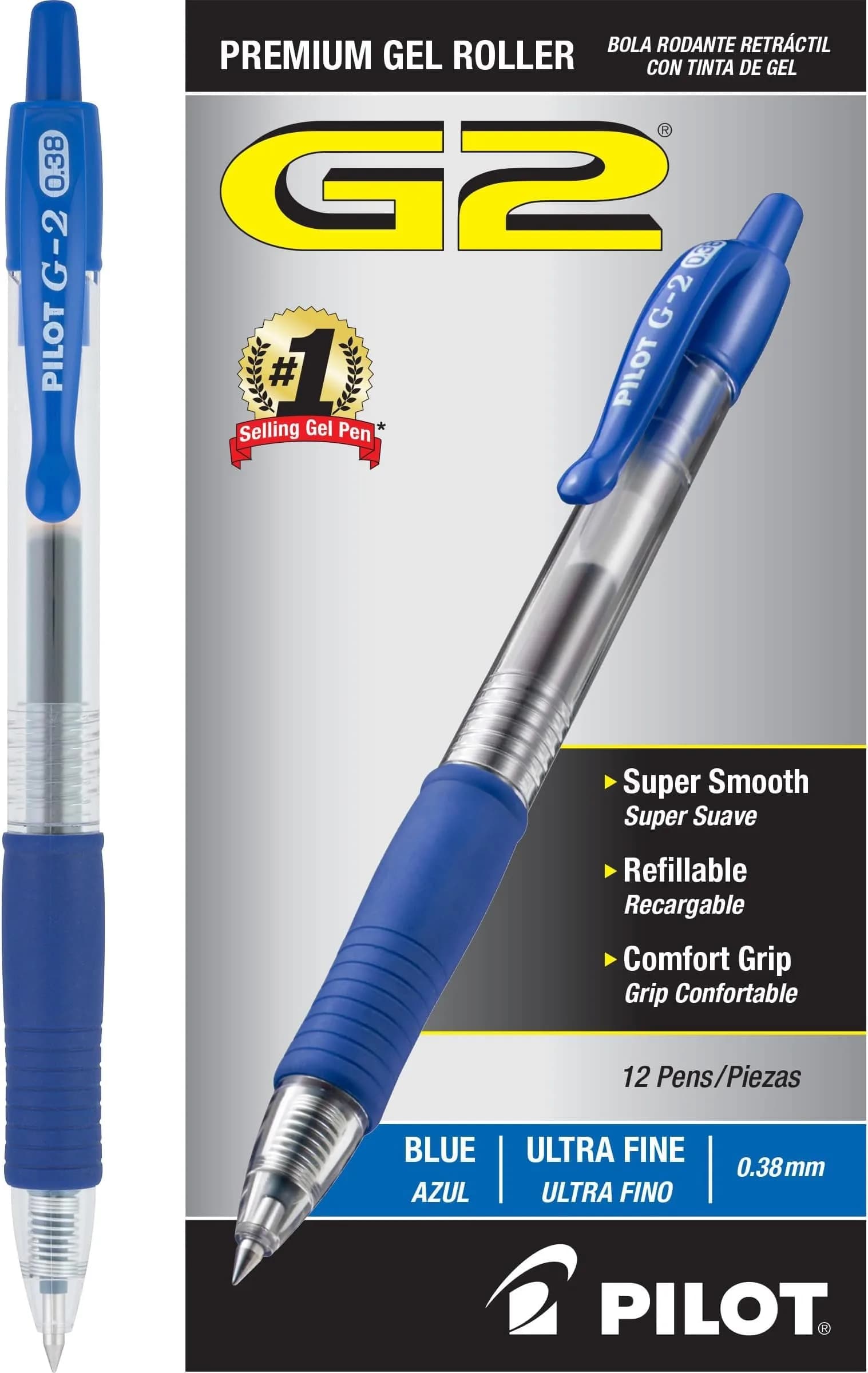 PILOT G2 Premium Retractable Gel Pens, Ultra Fine 0.38mm, Blue Ink, 12 Count (Pack of 12) | Smooth Writing, Long-Lasting, Refillable — Blue Ink