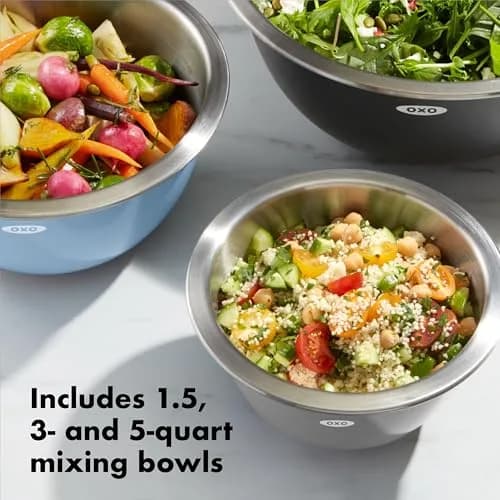 OXO Good Grips 3-Piece Stainless Steel Mixing Bowl Set with Non-Skid Bottoms - Blue/Gray (1.5, 3, 5-Quart) thumbnail 2
