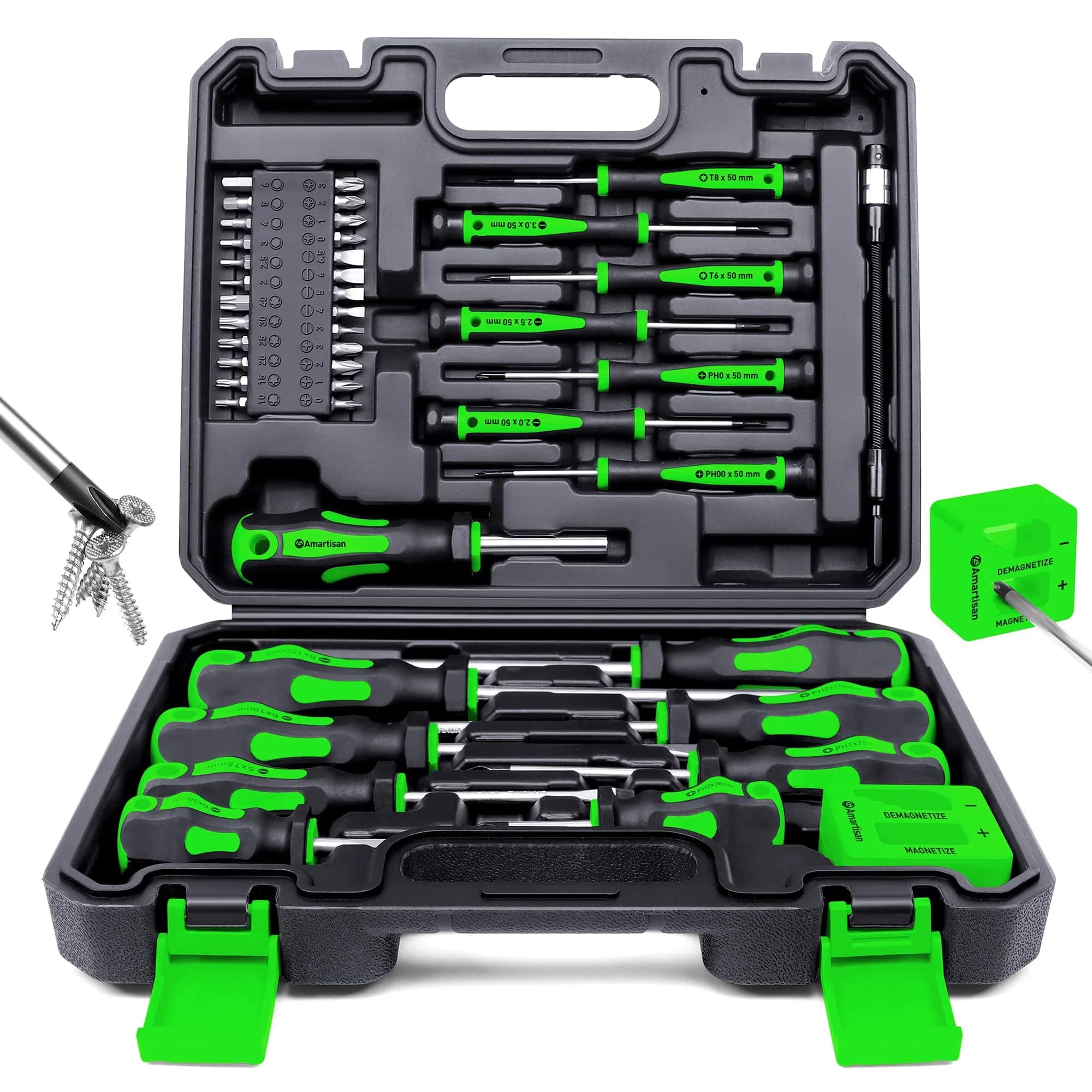 Amartisan 43-Piece Magnetic Screwdriver Set with Case, Green | Precision & Multi-Bit Tools — 43-piece Screwdrivers Set (Green)