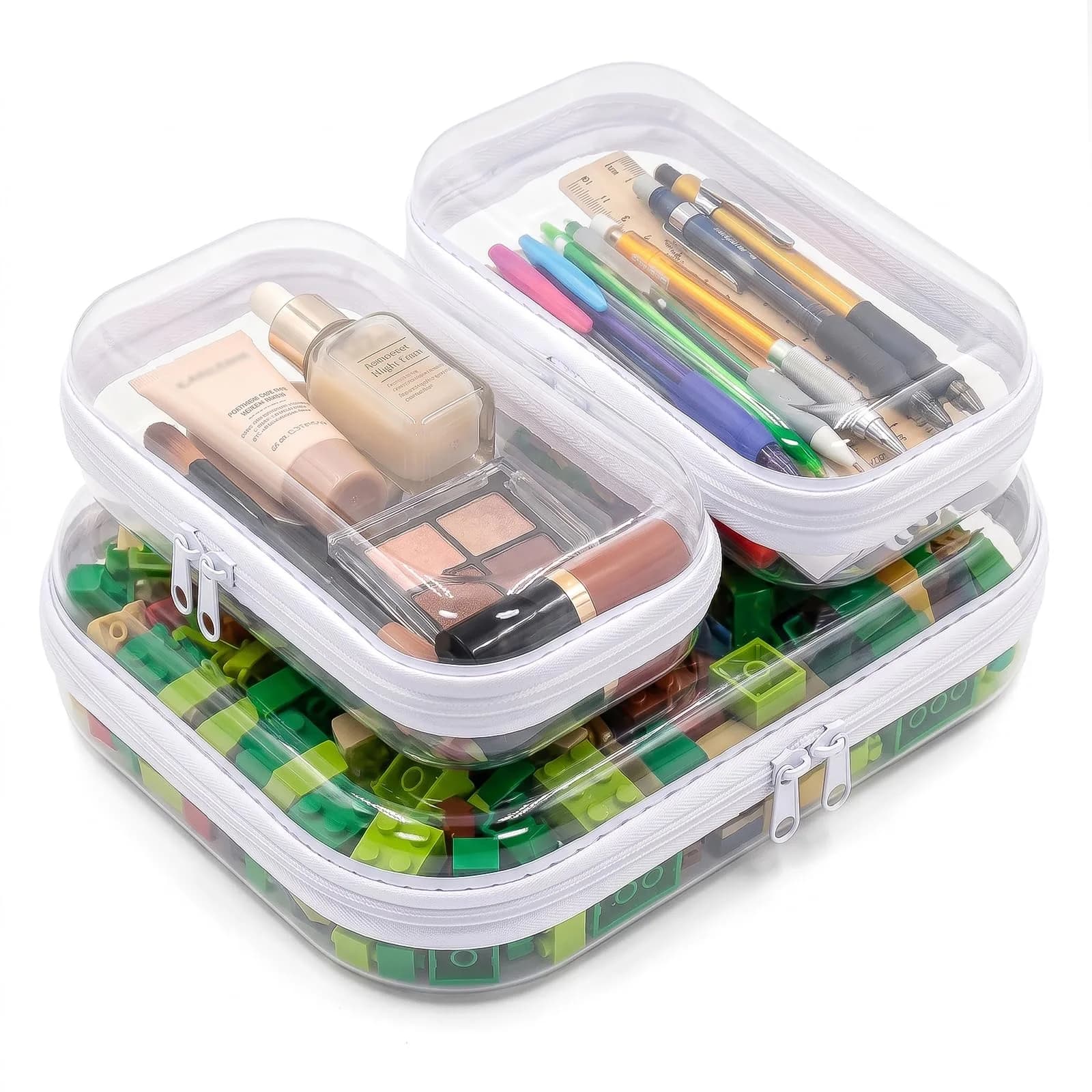 CarryEpic Clear Hard Shell Zipper Cases (3-Pack: 2 Small, 1 Medium) | TSA-Approved Travel Organizer — White