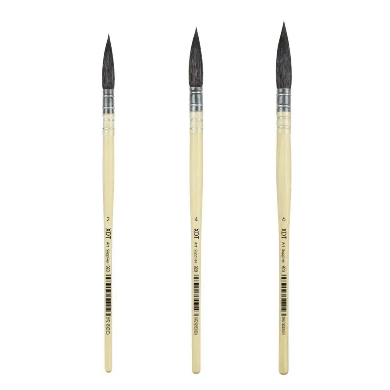 XDT#920 Round Watercolor Artist Paint Brush 3 Piece Set Medium Soft Black Goat Hair Long Handle #2#4#6