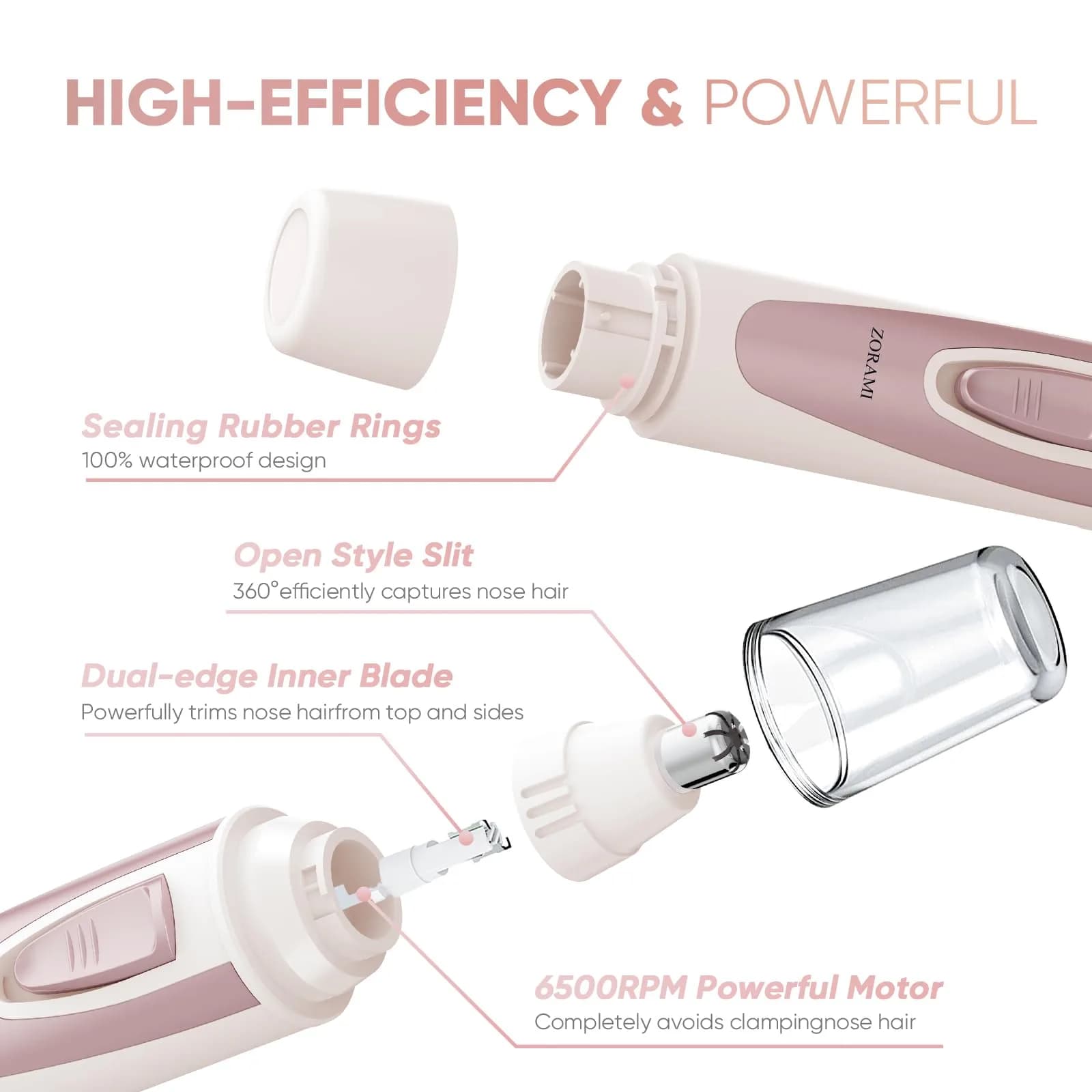 ZORAMI Ear and Nose Hair Trimmer Clipper for Men Women, Battery-Operated with IPX7 Waterproof, Dual Edge Blades, Rose Pink - view 4