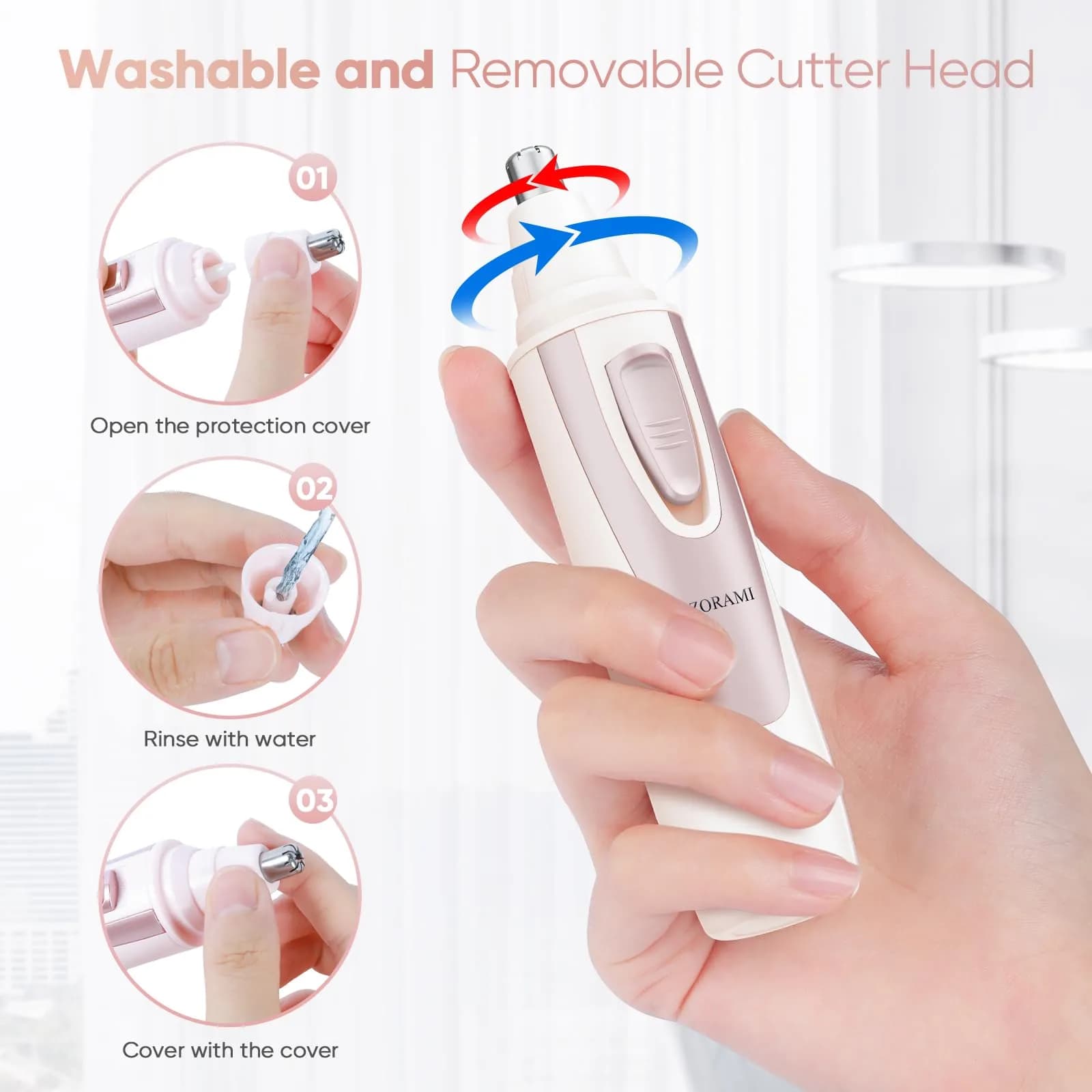 ZORAMI Ear and Nose Hair Trimmer Clipper for Men Women, Battery-Operated with IPX7 Waterproof, Dual Edge Blades, Rose Pink - view 5