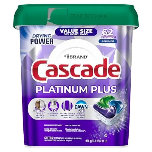 Cascade Platinum Plus Dishwasher Pods, Clean Scent, 62 Count | 100% Food Residue Removal thumbnail 1