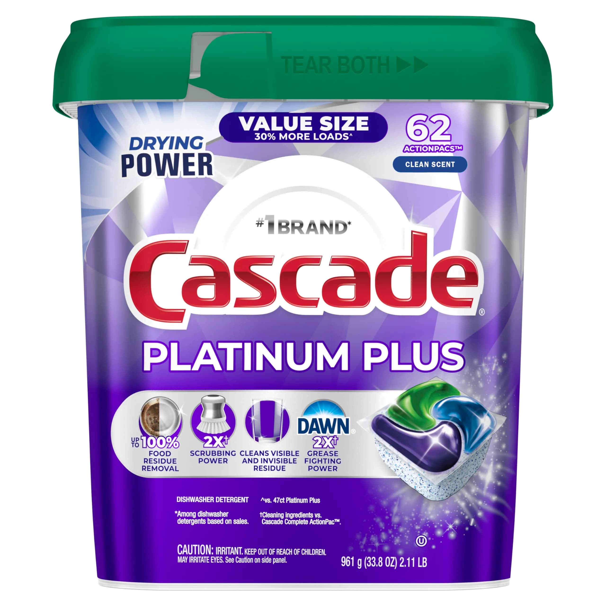 Cascade Platinum Plus Dishwasher Pods, Clean Scent, 62 Count | 100% Food Residue Removal - main product image