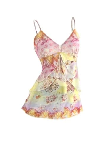 Verdusa Women's Y2k Cute Top Floral Mesh Tank Tops Going Out Crop Tops | Slim Fit, V-Neck, Sleeveless, Multicolor thumbnail 1