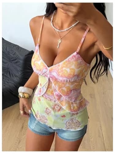 Verdusa Women's Y2k Cute Top Floral Mesh Tank Tops Going Out Crop Tops | Slim Fit, V-Neck, Sleeveless, Multicolor thumbnail 6