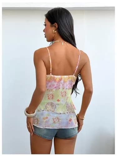 Verdusa Women's Y2k Cute Top Floral Mesh Tank Tops Going Out Crop Tops | Slim Fit, V-Neck, Sleeveless, Multicolor thumbnail 2