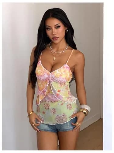 Verdusa Women's Y2k Cute Top Floral Mesh Tank Tops Going Out Crop Tops | Slim Fit, V-Neck, Sleeveless, Multicolor thumbnail 3