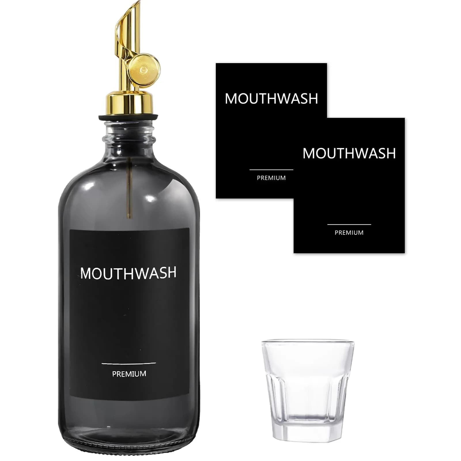 TOLDATLI Glass Mouthwash Dispenser with Cup 502ml (17 fl oz) | Auto Flip Pour Cap for Hygienic Oral Care