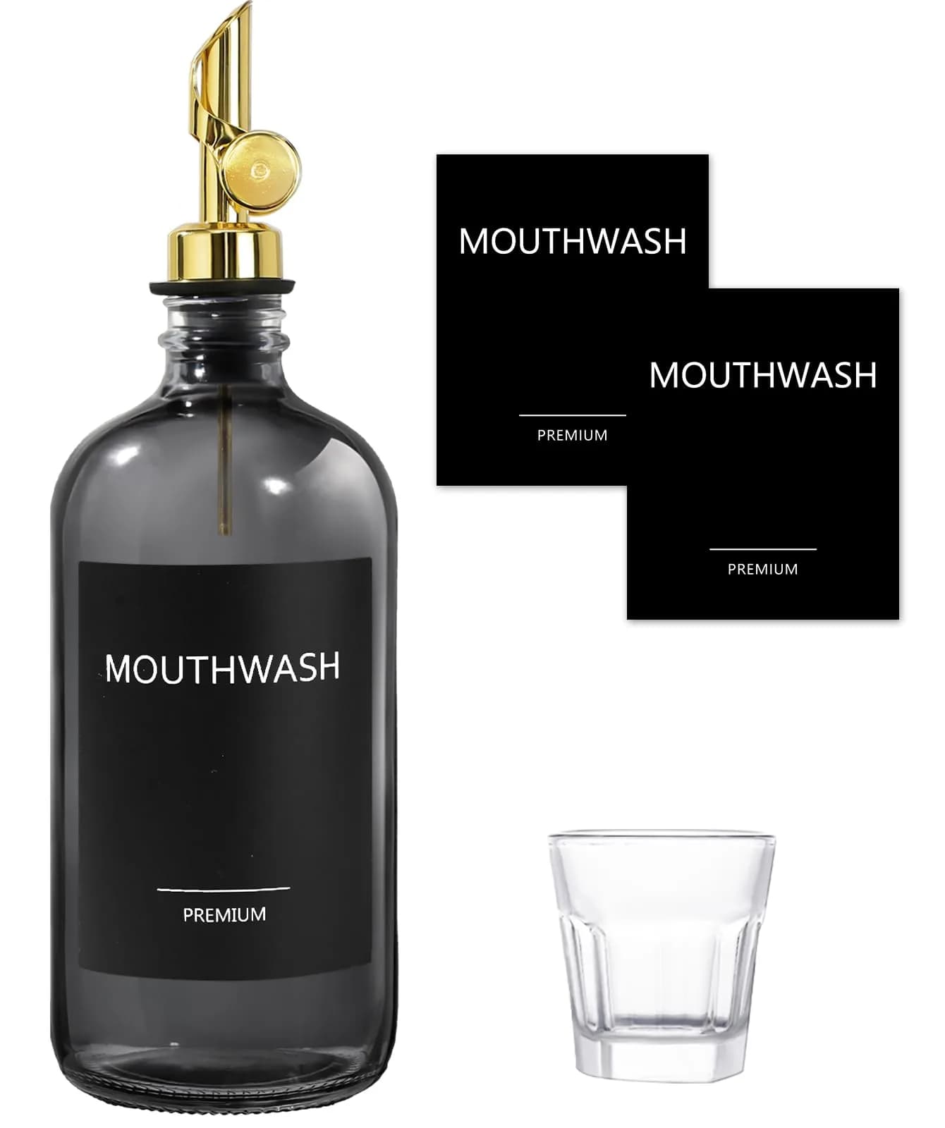 TOLDATLI Glass Mouthwash Dispenser with Cup 502ml (17 fl oz) | Auto Flip Pour Cap for Hygienic Oral Care - main product image