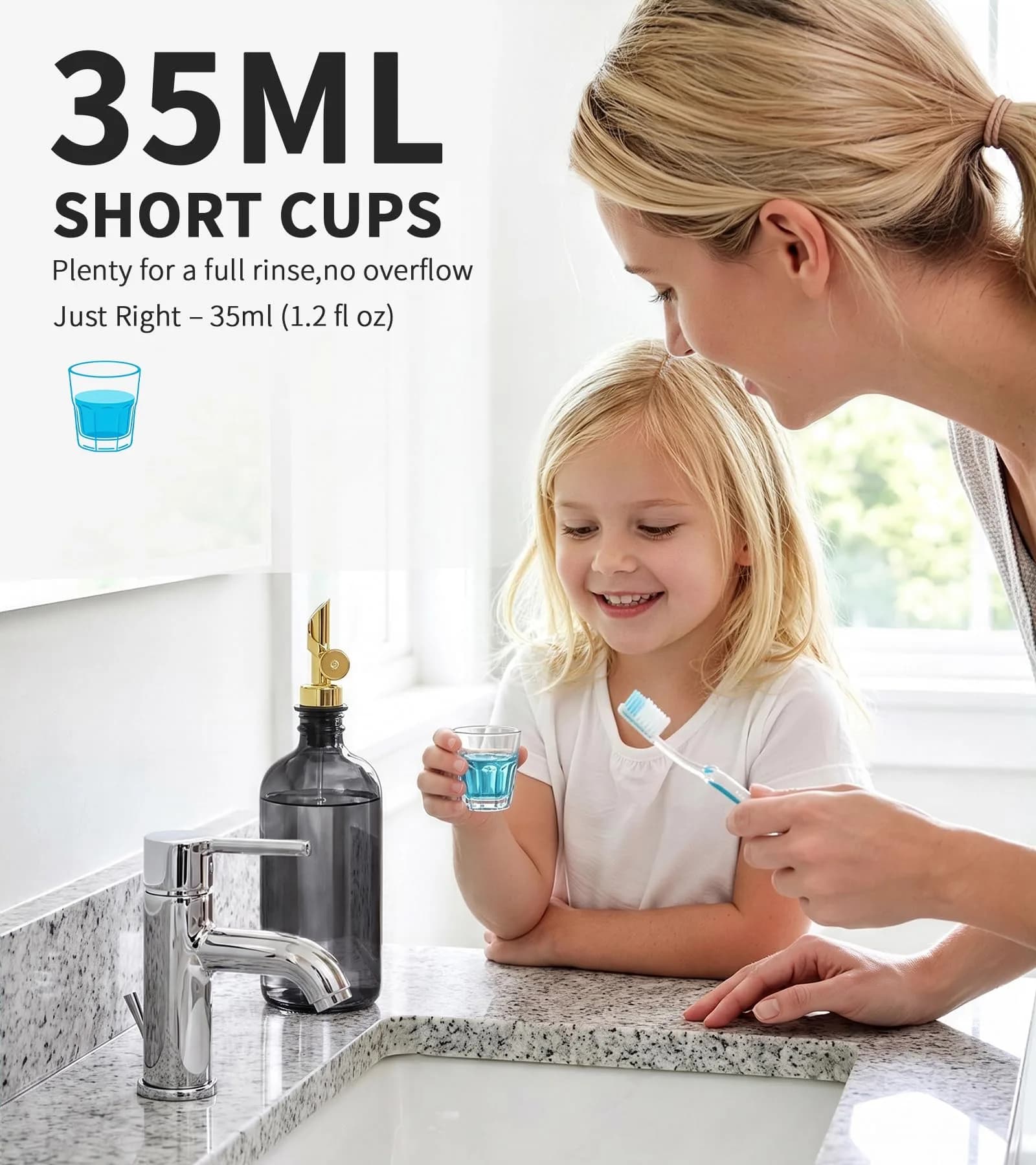 TOLDATLI Glass Mouthwash Dispenser with Cup 502ml (17 fl oz) | Auto Flip Pour Cap for Hygienic Oral Care - view 6