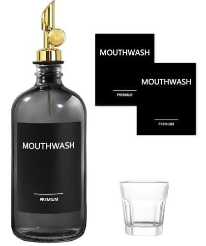 TOLDATLI Glass Mouthwash Dispenser with Cup 502ml (17 fl oz) | Auto Flip Pour Cap for Hygienic Oral Care thumbnail 1