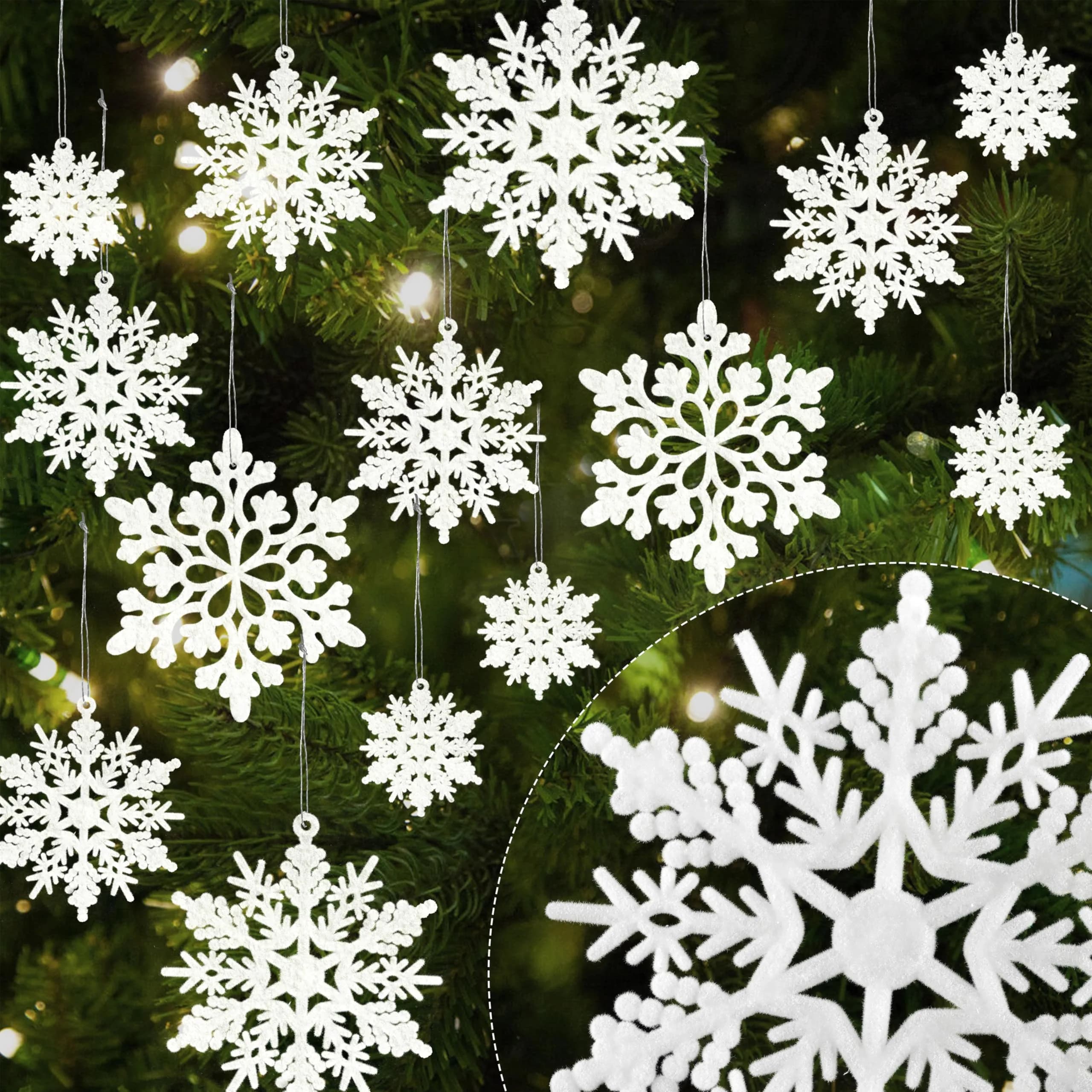 GuassLee Hanging Ornaments 36pcs | White Flocked Snowflakes for Xmas & Winter Wonderland (70-120 chars)