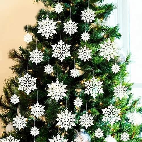 GuassLee Hanging Ornaments 36pcs | White Flocked Snowflakes for Xmas & Winter Wonderland (70-120 chars) thumbnail 5