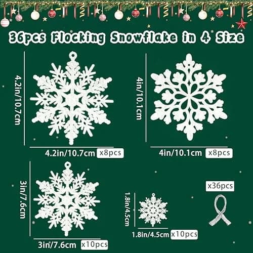 GuassLee Hanging Ornaments 36pcs | White Flocked Snowflakes for Xmas & Winter Wonderland (70-120 chars) thumbnail 3