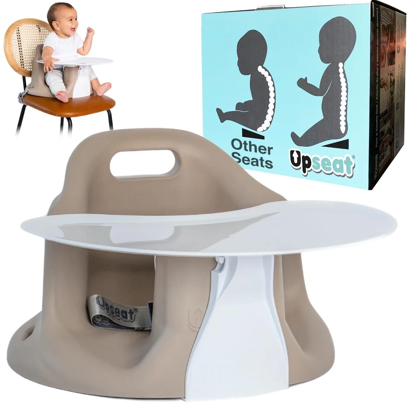 Upseat Baby Floor & Booster Seat with Tray | Ergonomic Design for Healthy Hip Development (4-24 Months, Taupe) - main product image
