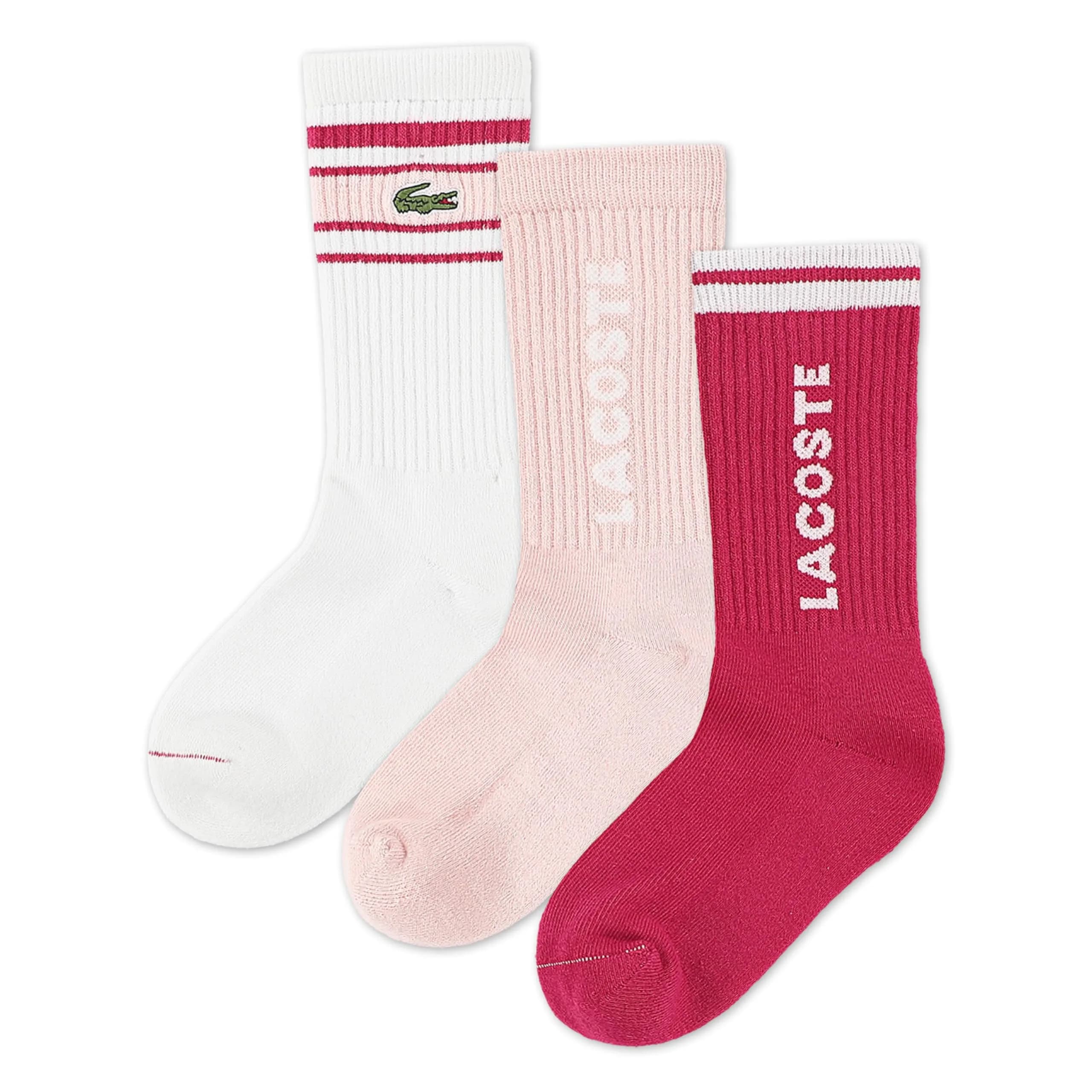 Lacoste Kids Socks 3-Pack Knit Everyday Socks | Premium Organic Cotton Comfort (Big Kid) — White/Pink