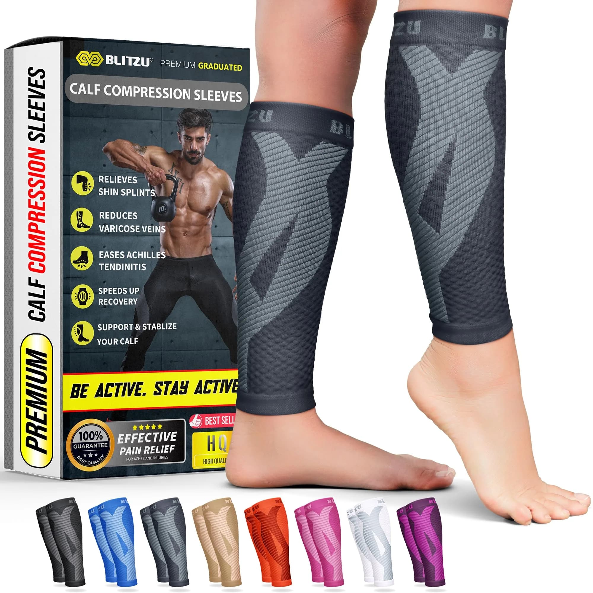 BLITZU Calf Compression Sleeves 3XL Gray | FDA Approved Medical Grade Support for Shin Splints & Varicose Veins