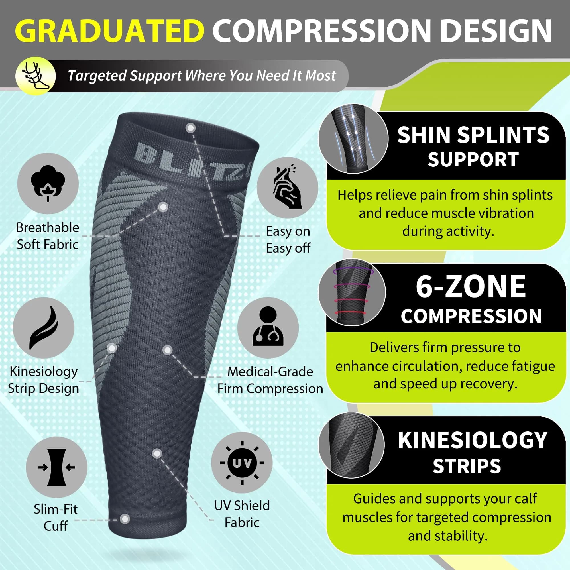 BLITZU Calf Compression Sleeves 3XL Gray | FDA Approved Medical Grade Support for Shin Splints & Varicose Veins - view 3