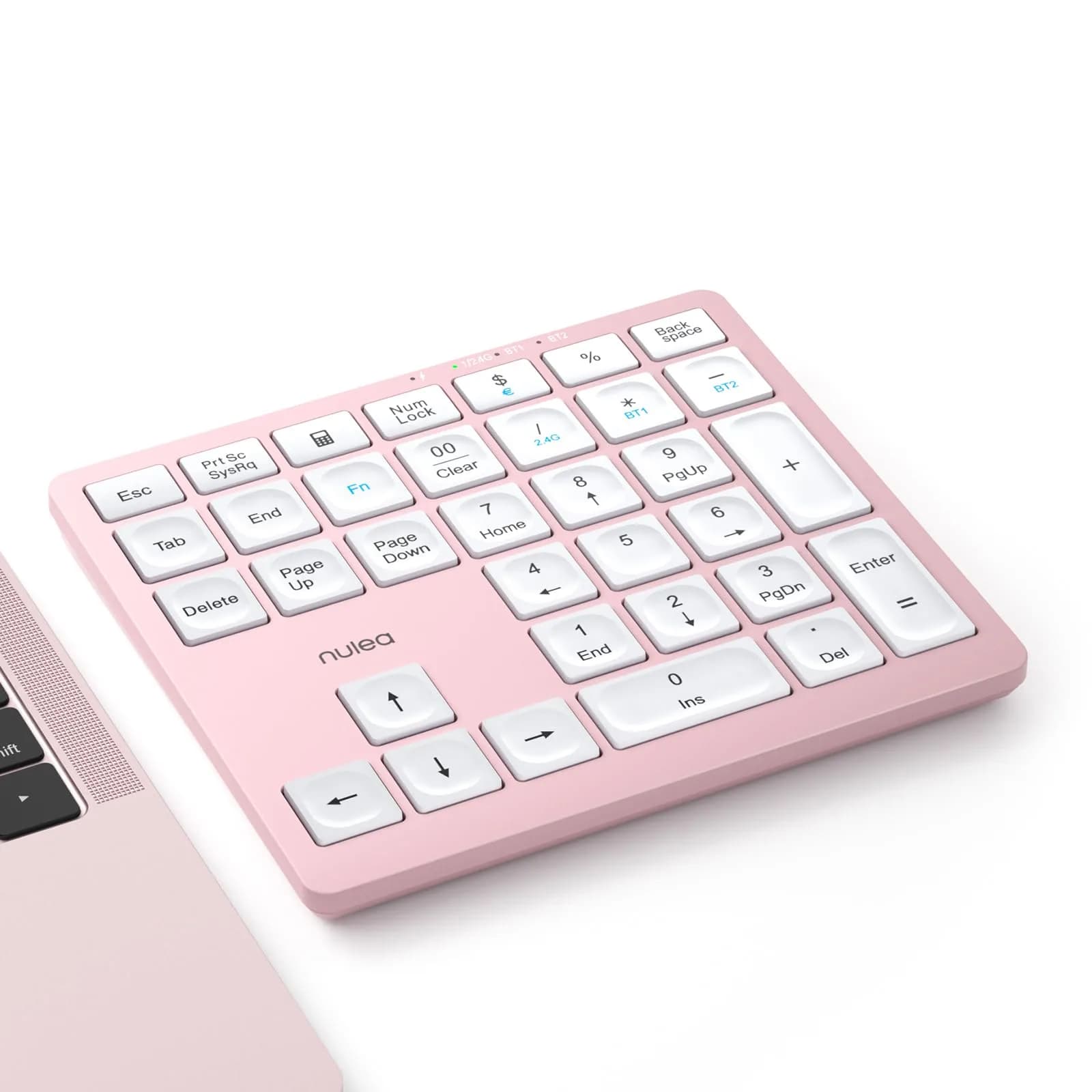 Nulea Wireless Number Pad Bluetooth 5.0 & 2.4G Numeric Keyboard, USB-C Rechargeable, 34-Keys Silvery White | Data Entry Productivity Tool — B-Pink