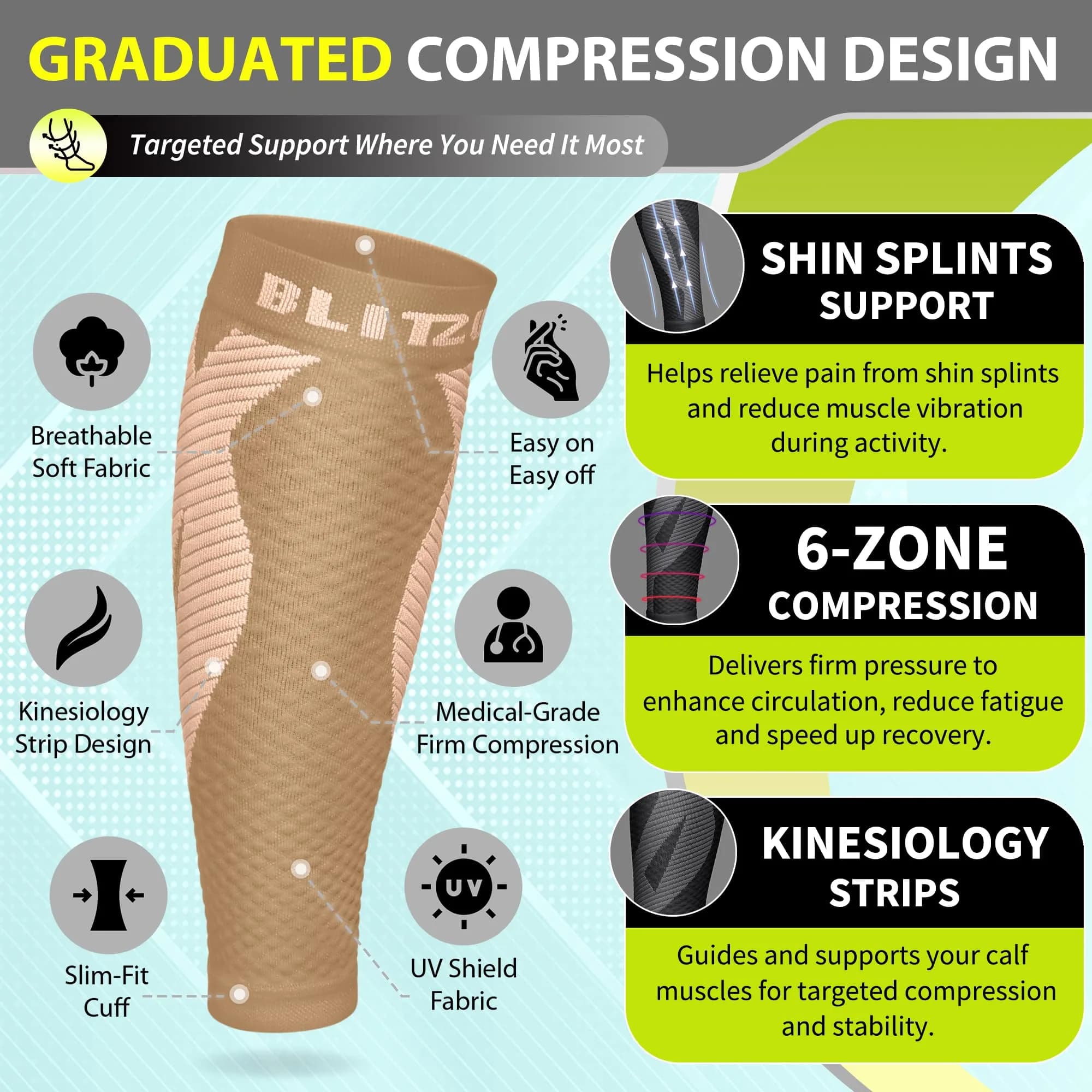 BLITZU Nude Calf Compression Sleeves 3XL | FDA Approved Orthopedic Brace for Shin Splints & Varicose Veins - view 3