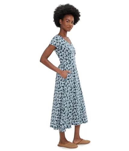 Toad&Co Women's Rose Midi Short Sleeve Dress Pacific Blue Print X-Small | Flattering A-line, cotton blend, casual wear thumbnail 3
