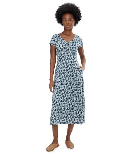 Toad&Co Rose Midi Short Sleeve Dress Pacific Blue Print | Flattering A-line, Odor Control, Adjustable Waist thumbnail 1