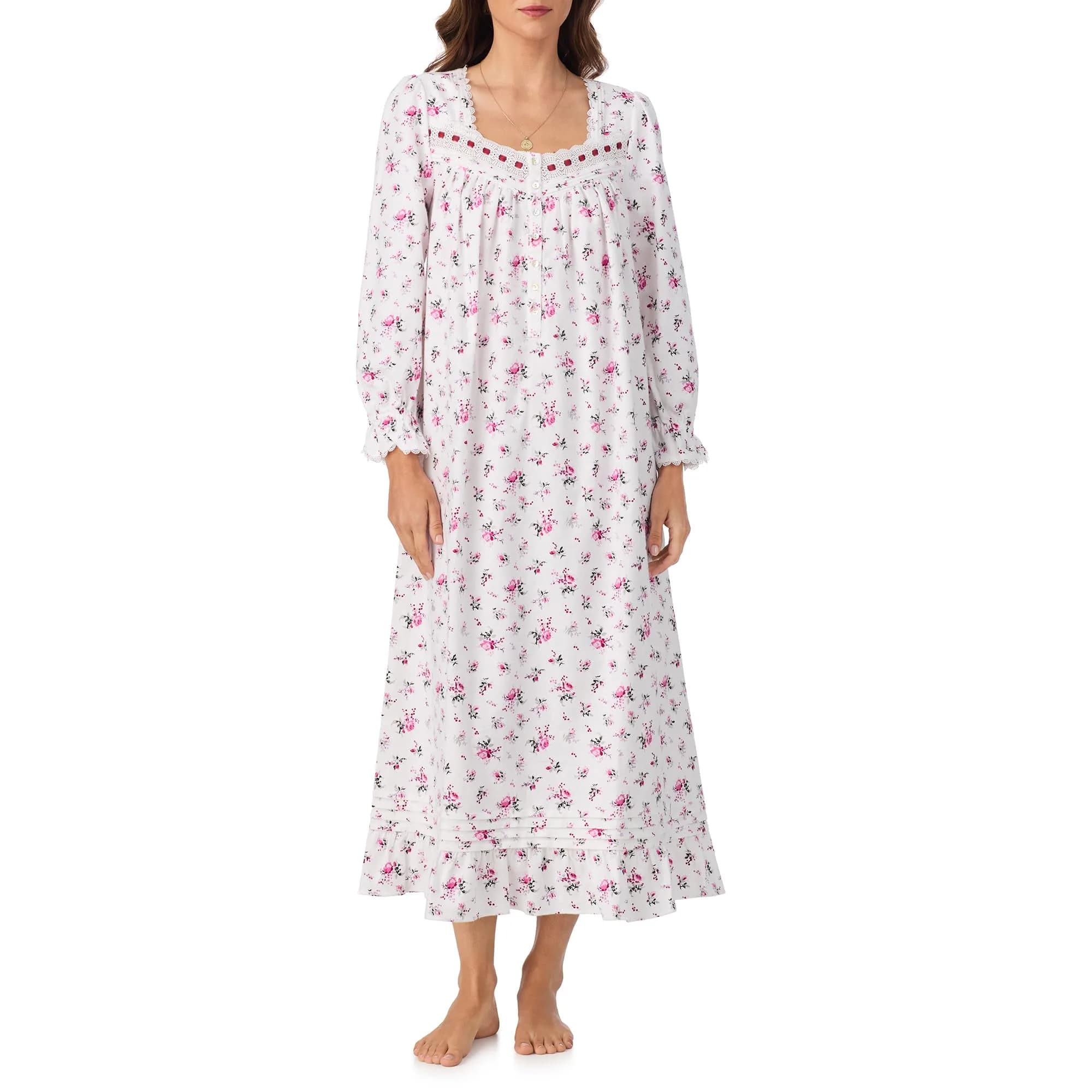 Eileen West Cotton Flannel Nightgown for Women | 50" Long Sleeve, Vintage Floral Design, Relaxed Fit - main product image