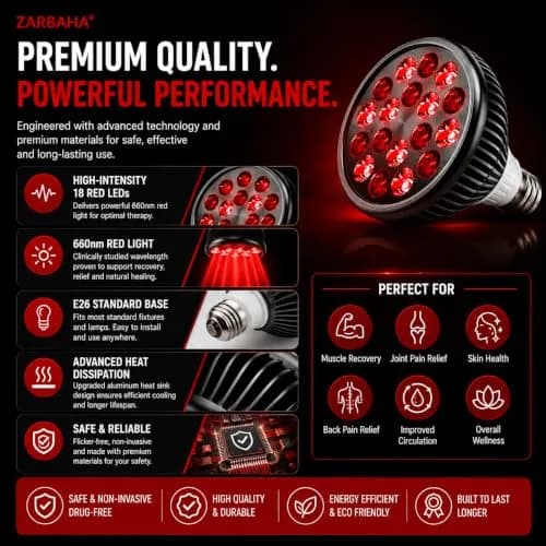 Zarbaha Red & Near Infrared Light Therapy Bulb – 18 LEDs with 660nm, 810nm, 850nm, 940nm Wavelengths – Wellness Light for Skin & Body – Aluminum Shell, E26 Socket thumbnail 13