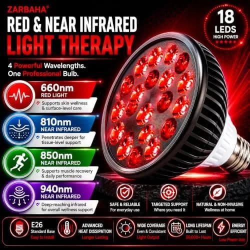 Zarbaha Red & Near Infrared Light Therapy Bulb – 18 LEDs with 660nm, 810nm, 850nm, 940nm Wavelengths – Wellness Light for Skin & Body – Aluminum Shell, E26 Socket thumbnail 14