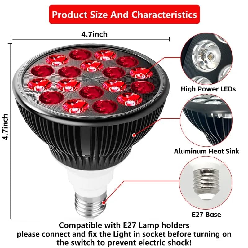 Zarbaha Red & Near Infrared Light Therapy Bulb – 18 LEDs with 660nm, 810nm, 850nm, 940nm Wavelengths – Wellness Light for Skin & Body – Aluminum Shell, E26 Socket thumbnail 9