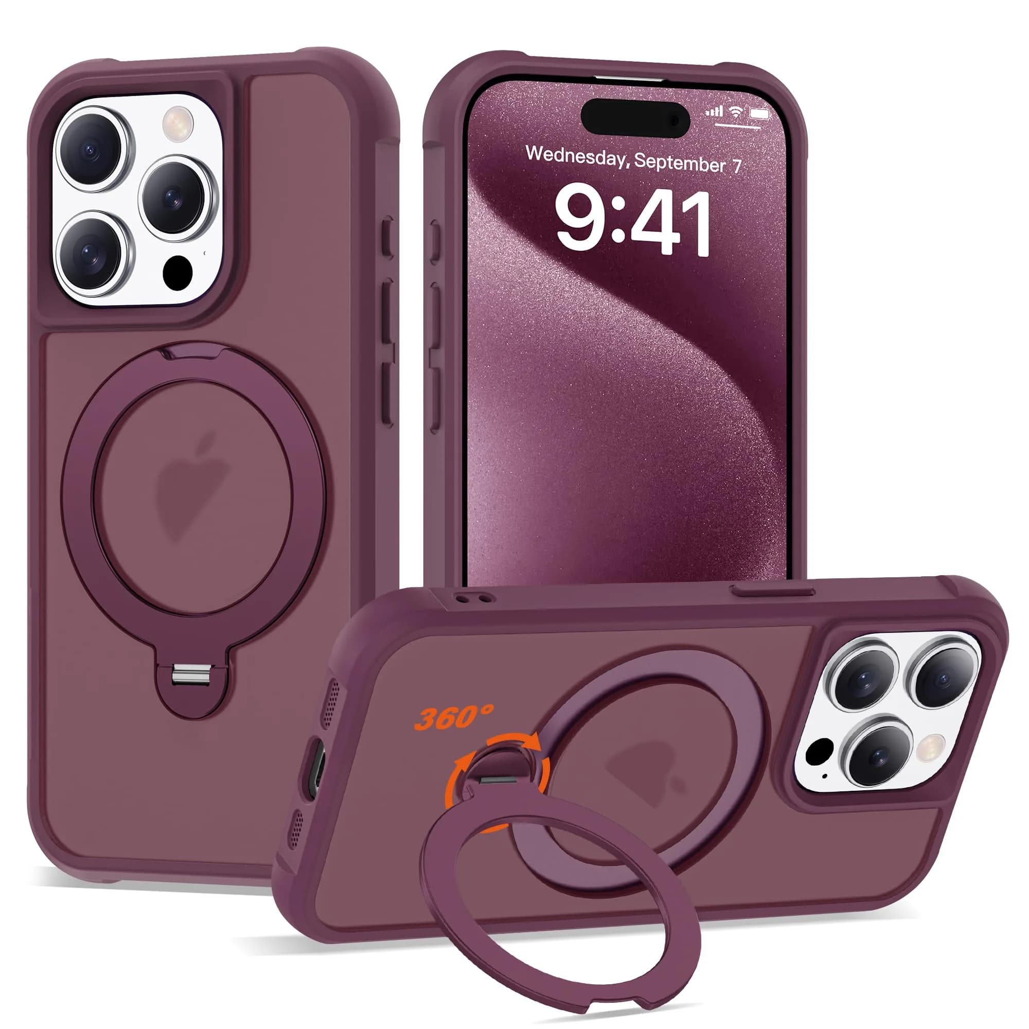 UGENINO Case for iPhone 15 Pro 6.1" | Magnetic 360° Spin Stand, Shockproof, Wine Red — Wine Red