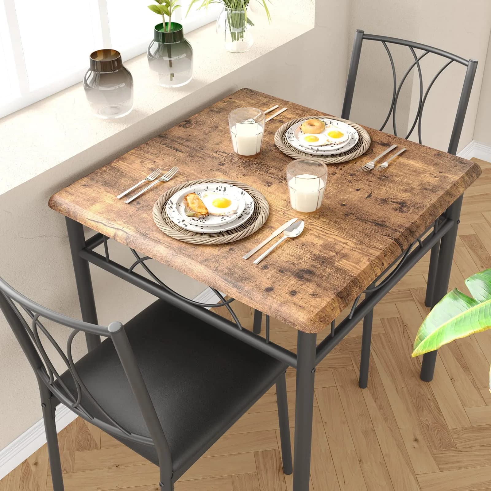 SLEKVERSA Dining Table Set for 2 | Space Saving, Sturdy MDF & Upholstered Chairs — Retro Brown