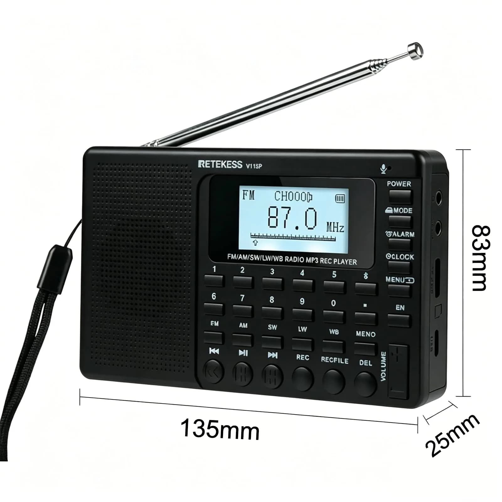 Retekess V115P Portable Shortwave Radio, Rechargeable AM FM SW WB Radio, 192g (0.42 lb) | Digital Tuning & Voice Recorder - view 9