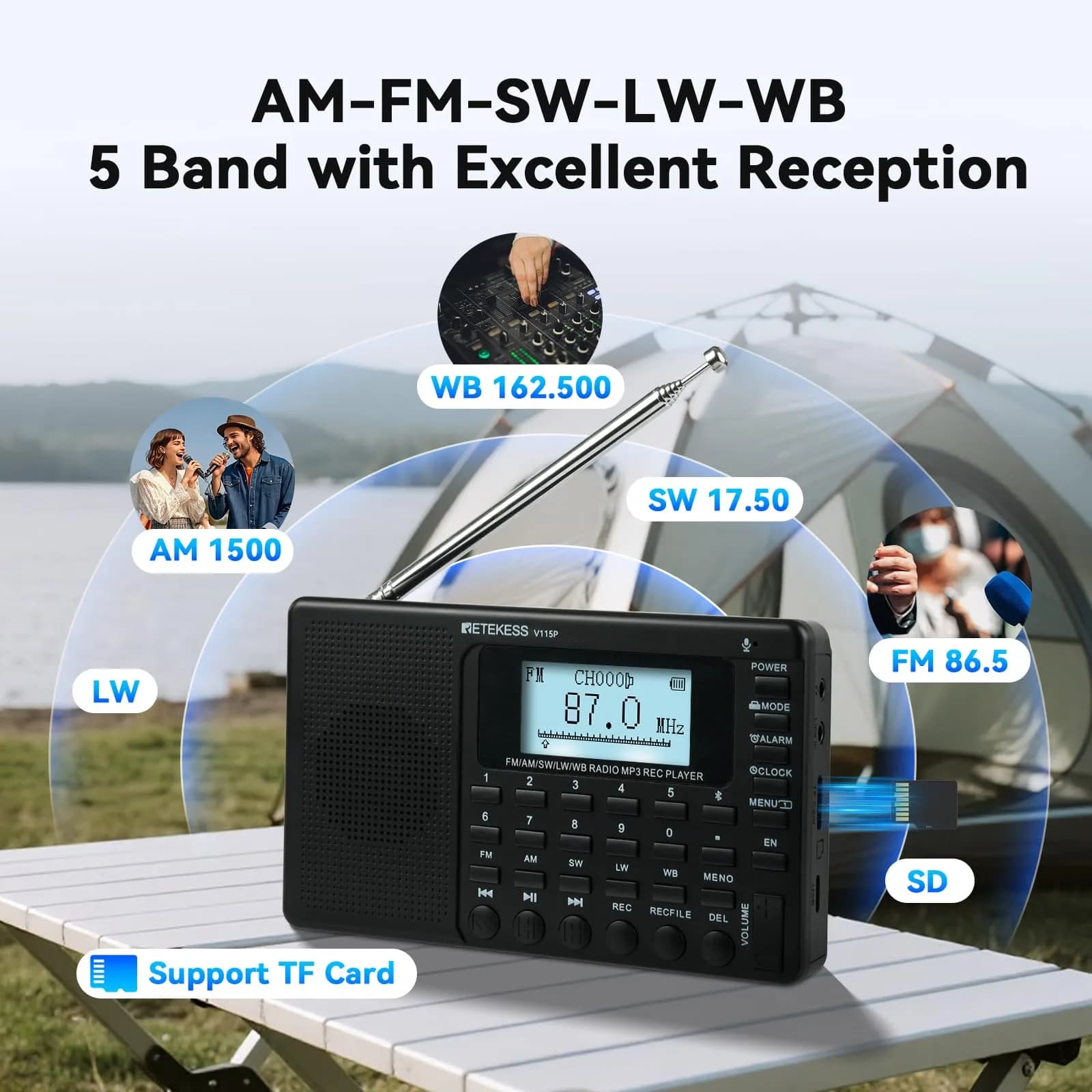 Retekess V115P Portable Shortwave Radio, Rechargeable AM FM SW WB Radio, 192g (0.42 lb) | Digital Tuning & Voice Recorder - view 2