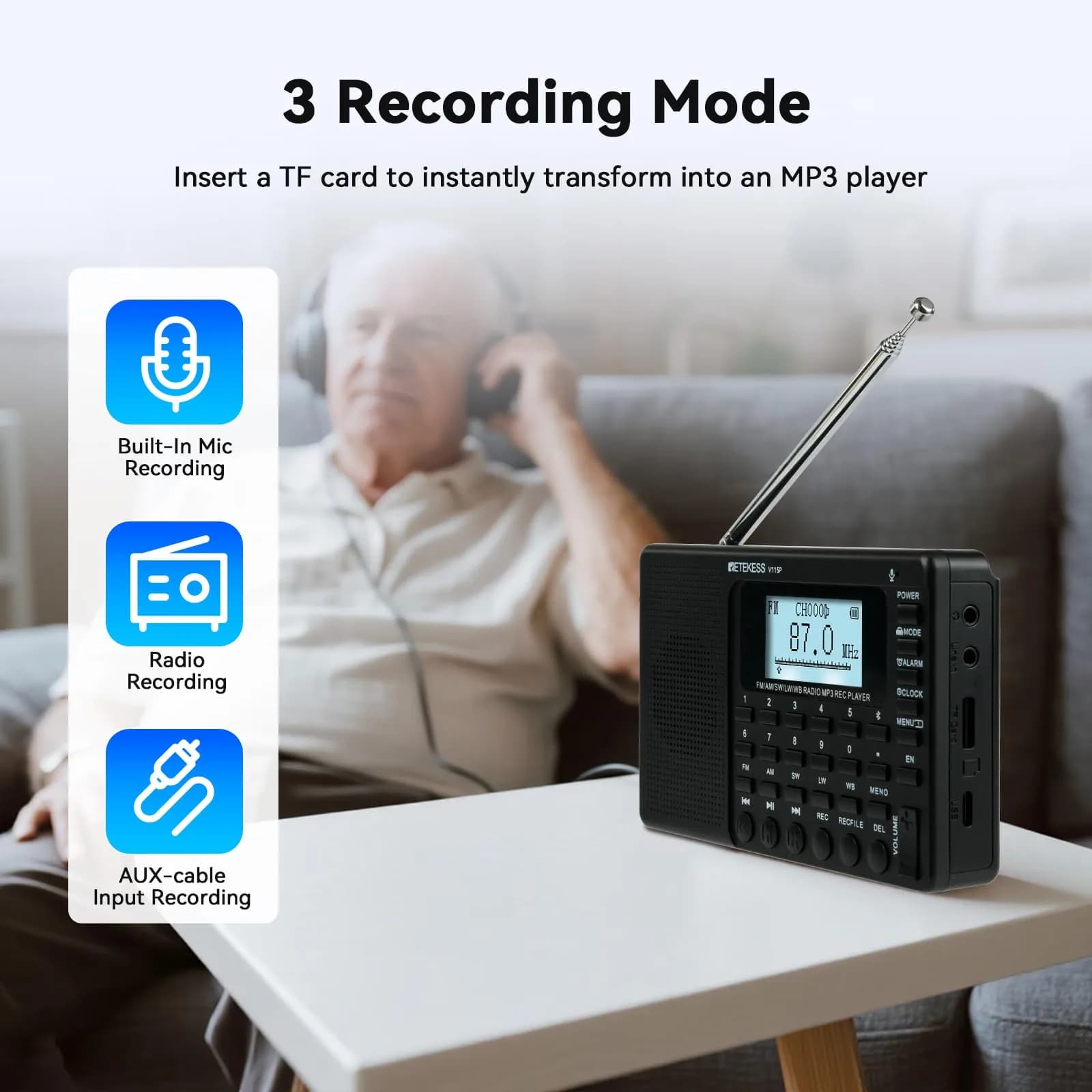 Retekess V115P Portable Shortwave Radio, Rechargeable AM FM SW WB Radio, 192g (0.42 lb) | Digital Tuning & Voice Recorder - view 3