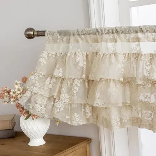 Kotile Beige Lace Ruffle Valance 52"W x 18"L | Vintage Floral Cottagecore Sheer Window Topper thumbnail 1