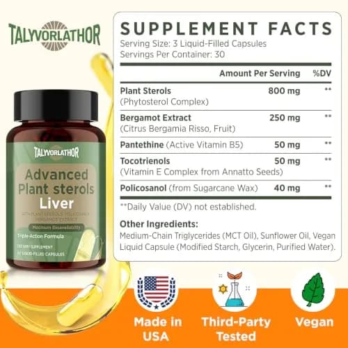 Talyvorlathor Advanced Cholesterol Lowering Supplements | Liquid Capsules for Fast Absorption | Plant Sterols, Policosanol, Bergamot | 90 Softgels thumbnail 2