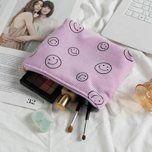 Gardsell Corduroy Cosmetic Bag Aesthetic Women Handbags Purses Smile Dots Makeup Organizer Storage Makeup Bag Girls Case Bags (Double Purple Green) thumbnail 6