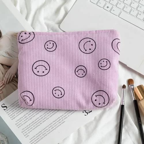 Gardsell Corduroy Cosmetic Bag Aesthetic Women Handbags Purses Smile Dots Makeup Organizer Storage Makeup Bag Girls Case Bags (Double Purple Green) thumbnail 7