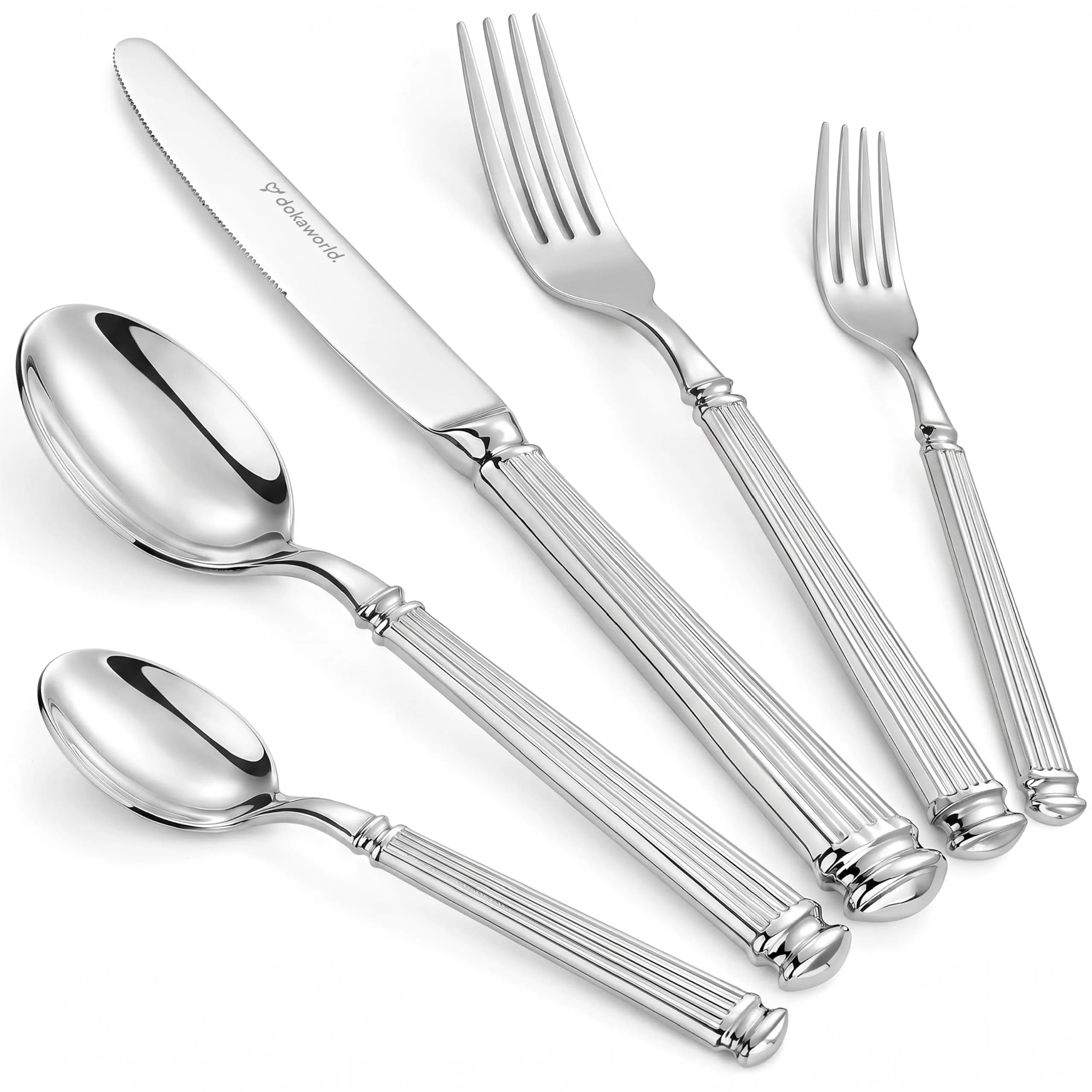 dokaworld Stainless Steel Flatware Set for 8 | Heavy Duty 18/10 Silverware with Mirror Finish