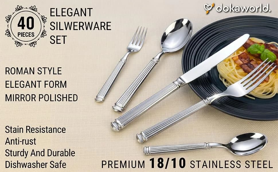 dokaworld Stainless Steel Flatware Set for 8 | Heavy Duty 18/10 Silverware with Mirror Finish thumbnail 9