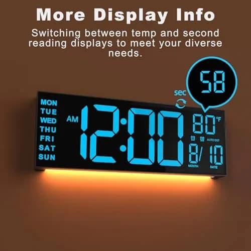 JALL 13" Digital Wall Clock with Alarm & Timer | Large LED Display, Auto DST, Temperature, RGB Night Light (13 inches) thumbnail 9